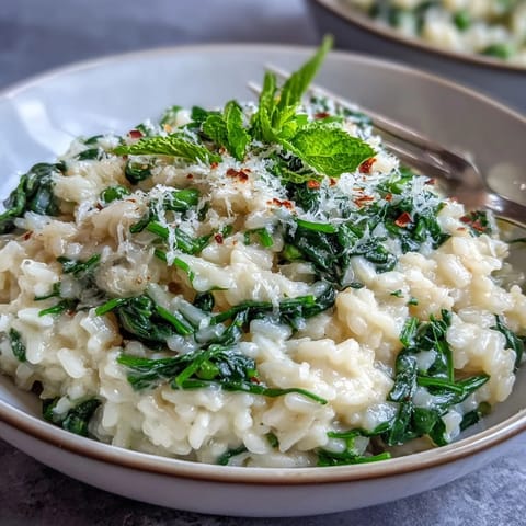 Creamy risotto with vibrant green peas and fresh mint, served with grated Parmesan for a delightful spring dinner party dish.