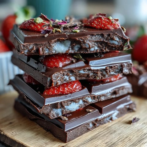 A luxurious Dubai chocolate bark with strawberries, pistachios, and rose petals for a stunning dessert.