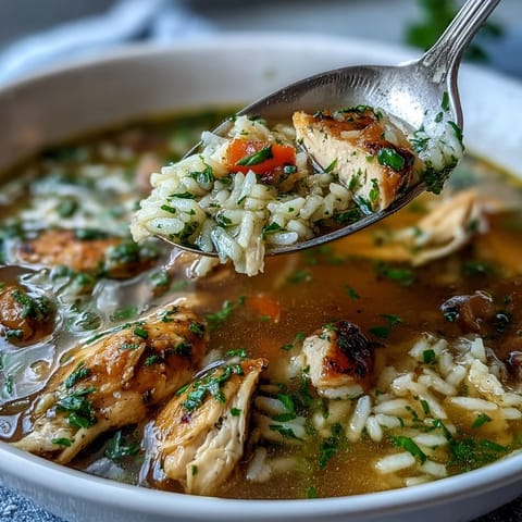 Hearty chicken and rice soup with tender vegetables, simmered in one pot for a comforting and nourishing meal.
