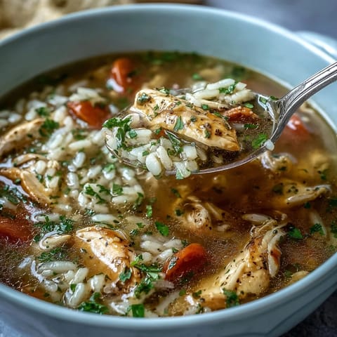 Creamy one-pot chicken and rice soup featuring juicy chicken, aromatic herbs, and fresh vegetables in a savory broth.