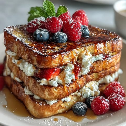 A golden pancake casserole layered with fresh berries and creamy custard, ideal for a festive Mothers Day brunch.
