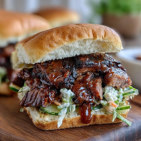 Smoky BBQ brisket piled high on soft slider buns with tangy sauce and crunchy slaw for a perfect party bite.