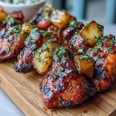 Grilled pineapple chicken skewers with juicy marinated chicken and sweet caramelized pineapple chunks on a vibrant summer platter.