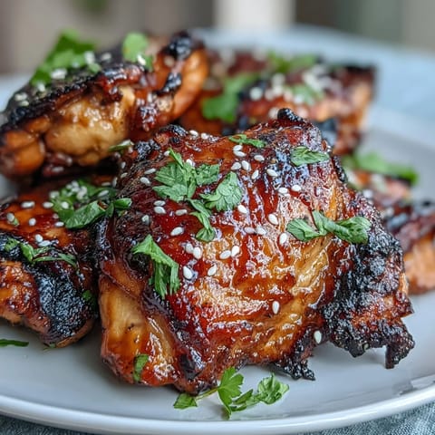 Honey sriracha grilled chicken thighs sizzling on a barbecue with a glossy, caramelized glaze and grill marks.  