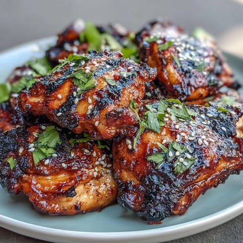 Sweet and spicy honey sriracha chicken thighs grilled to juicy perfection, served with fresh cilantro and lime wedges.  
