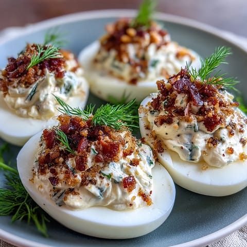 Smoked salmon deviled eggs with everything seasoning, creamy and savory, topped with fresh dill and crunchy bagel mix.