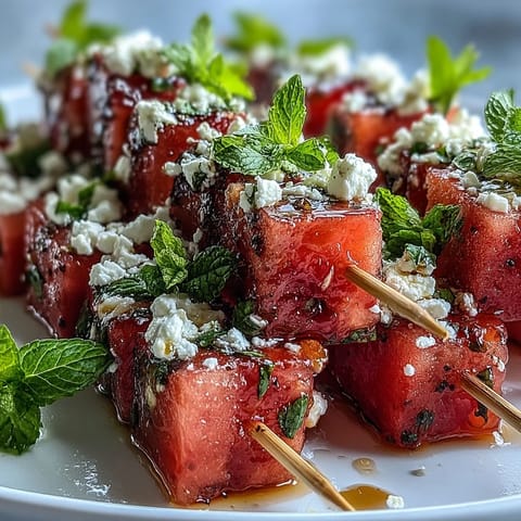 Watermelon Feta Mint Skewers: Colorful summer appetizer with juicy watermelon, creamy feta, and fresh mint leaves on skewers.  