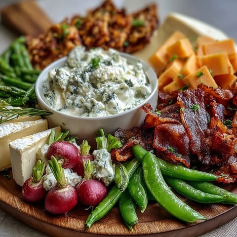 Fresh spring charcuterie board featuring radishes, peas, and herb dip, arranged with savory meats and cheeses for a colorful spread.