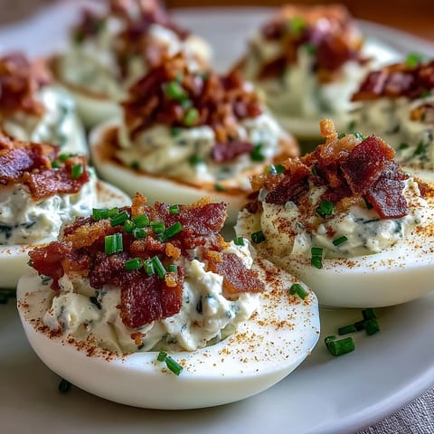 Bacon Ranch Deviled Eggs with crispy bacon crumbles and fresh chives, perfect for Easter brunch or any party appetizer platter.
