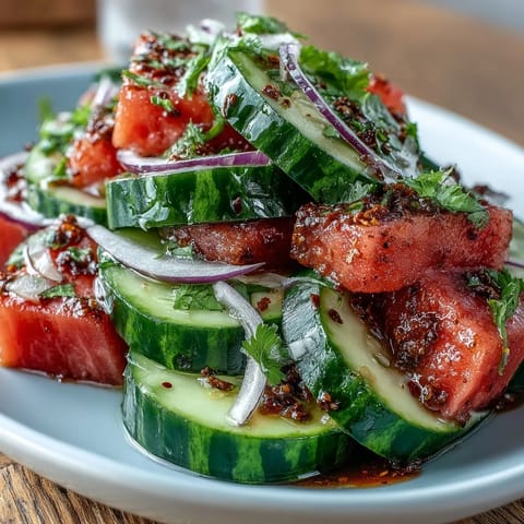 Vibrant watermelon cucumber salad with Tajin, a cool, zesty summer delight.