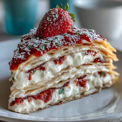 Elegant Mother's Day Crêpe Cake with vibrant strawberry mascarpone filling.