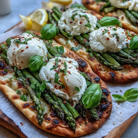 Roasted Asparagus Flatbread with Burrata and Lemon, showing vibrant greens and creamy cheese.