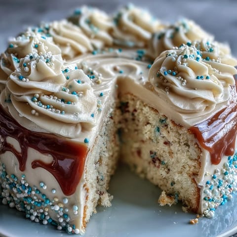 Class of 2026 Confetti Cake with champagne frosting, joyful celebration, and colorful sprinkles.