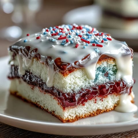 Slice of moist Patriotic Poke Cake, revealing vibrant gelatin layers and smooth white chocolate.