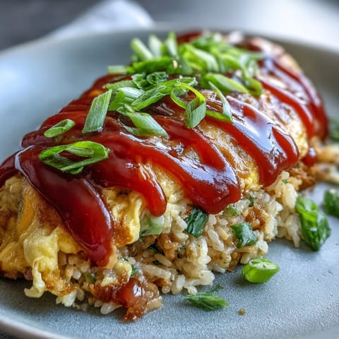 Golden, fluffy omelet atop seasoned ketchup rice, a delightful and easy Japanese comfort meal.