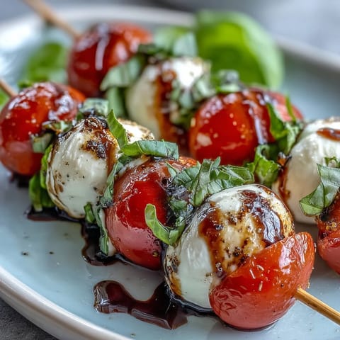 Mini Caprese salad skewers bursting with fresh tomatoes, mozzarella, and basil.