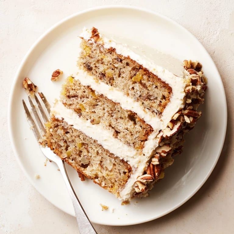 Layered Southern Hummingbird Cake with rich cream cheese frosting and extra toasted pecans, perfect for a potluck dessert.