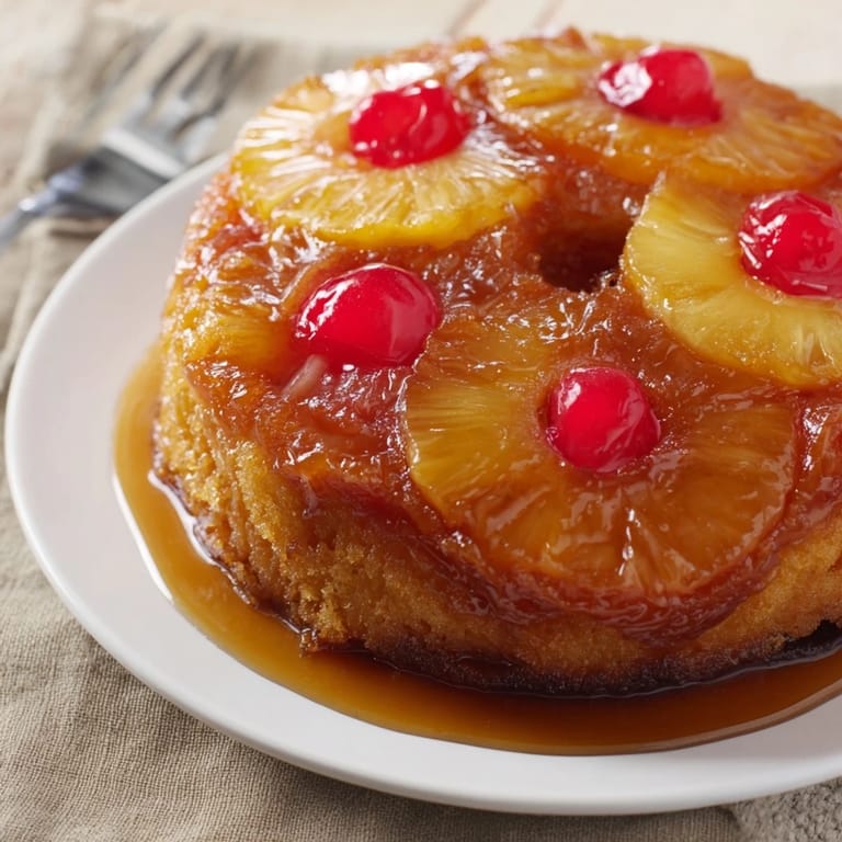 Classic American Pineapple Upside-Down Cake topped with bright red cherries, served on a white dessert plate.