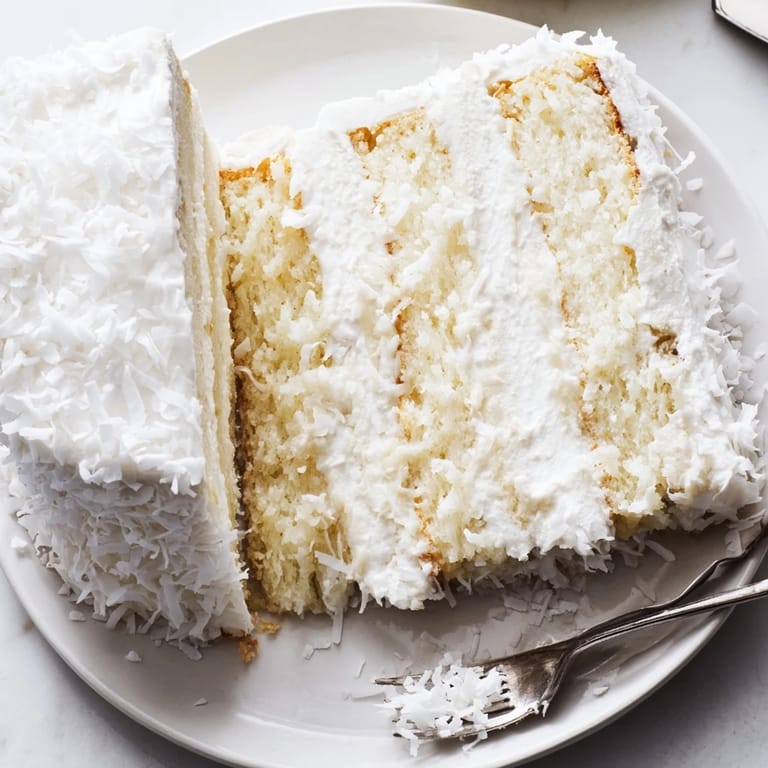 Freshly frosted Classic Coconut Cake on a marble counter, billowy meringue peaks and sweetened coconut flakes glistening in daylight.