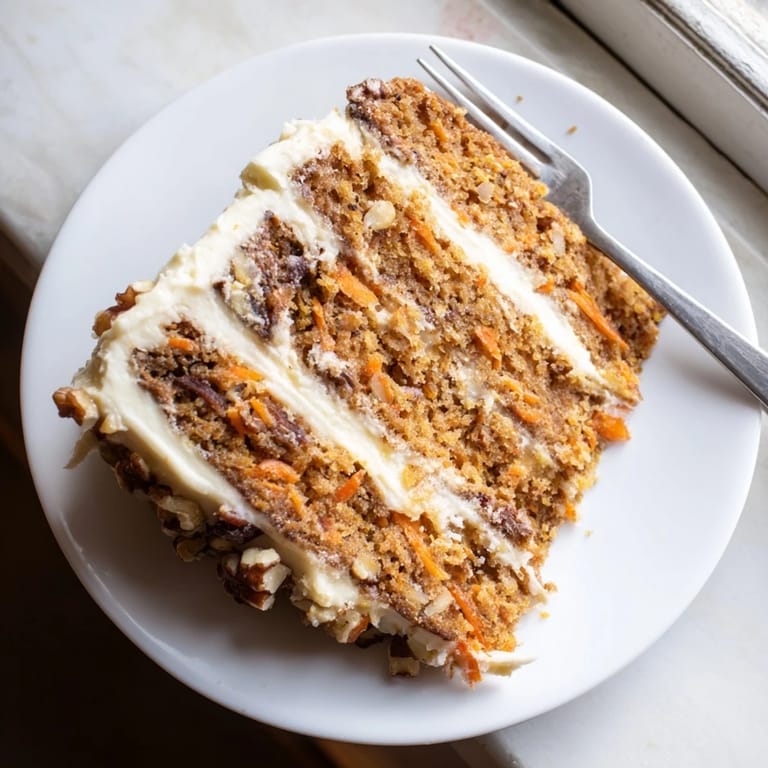 Two layers of homemade Carrot Cake with rich cream cheese frosting and a garnish of grated carrots.