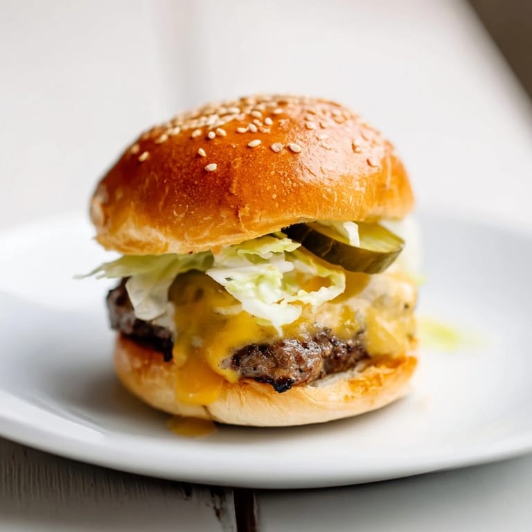 Close-up of Sliders – Mini Hamburgers topped with cheese and pickles, ready to serve with fries and coleslaw.