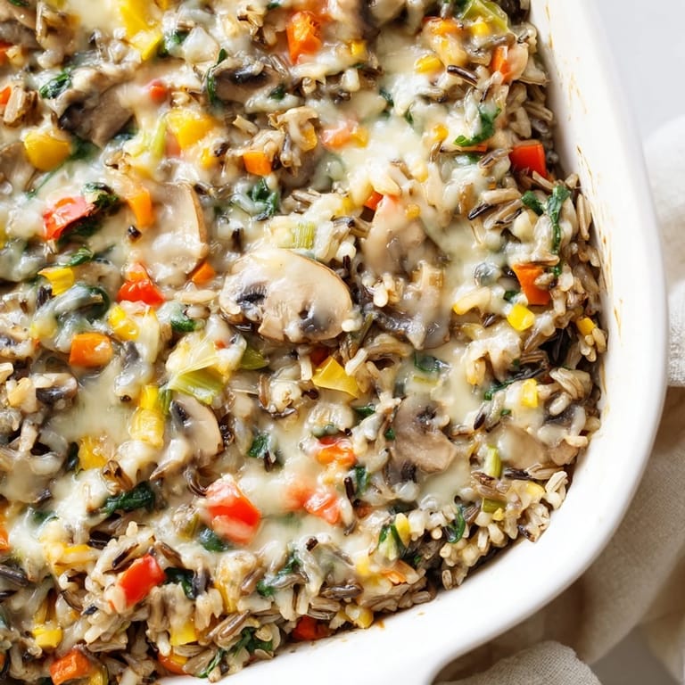 Golden-brown wild rice casserole garnished with fresh thyme, alongside a hearty vegetarian dinner plate.