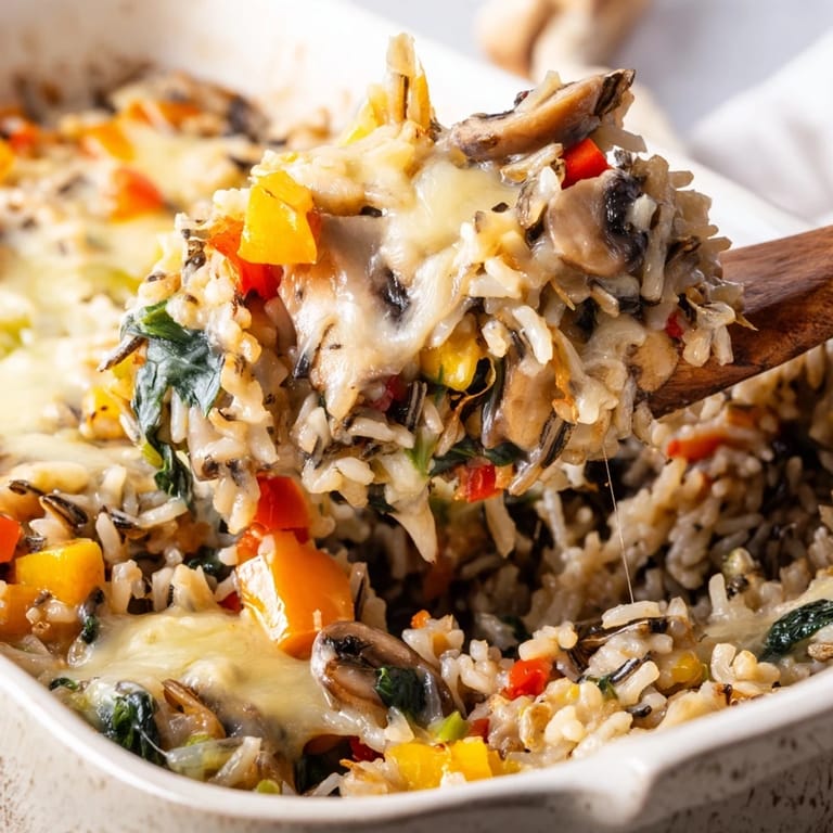 Colorful baked wild rice casserole with spinach and red bell peppers, ready to serve family-style.