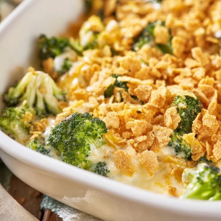 Golden, crispy Ritz cracker topping crowns this classic broccoli casserole, served as a warm side dish.