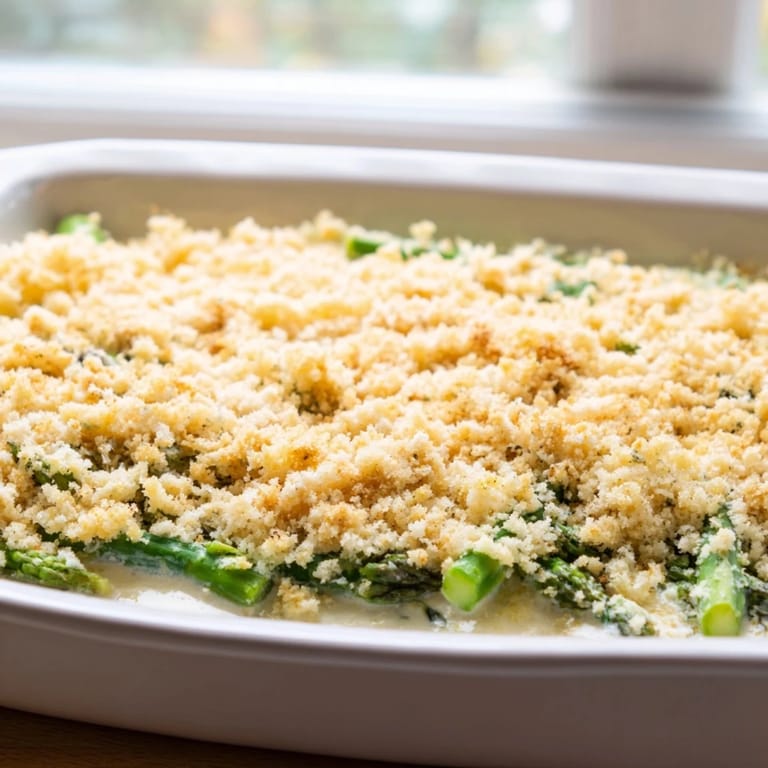 Steamed asparagus spears nestled in a rich, creamy Gruyère sauce inside a baking dish.