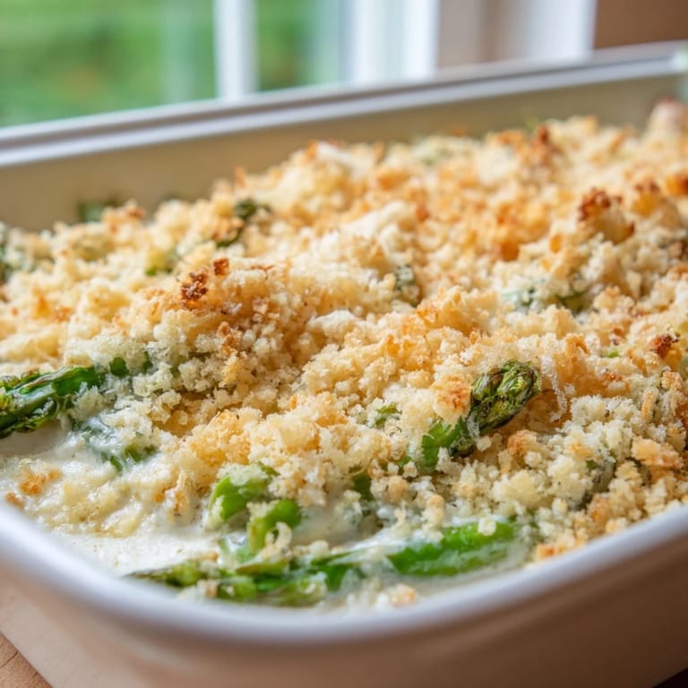 Golden-brown asparagus casserole ready to serve, perfect for a comforting weeknight vegetarian dinner.