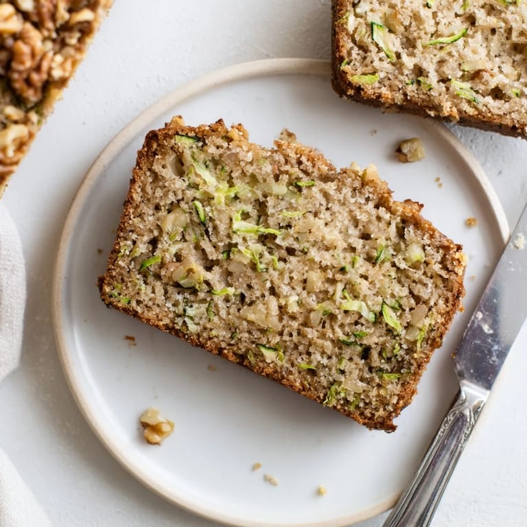 A thick slice of zucchini bread on a plate, topped with melting butter, ready for a cozy snack.