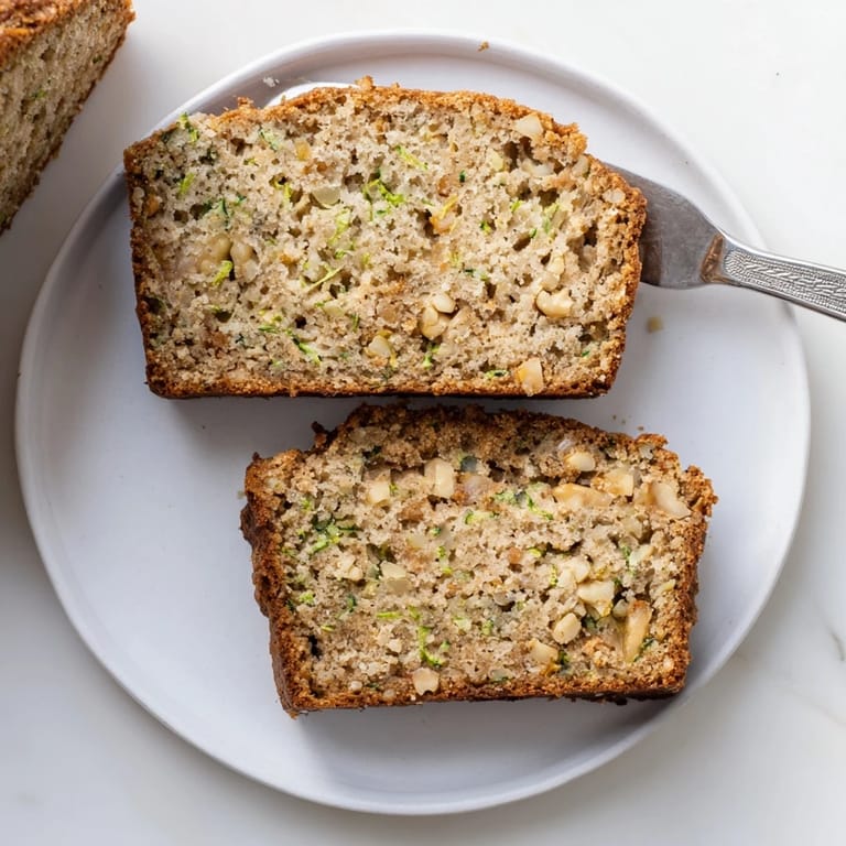 Golden-brown zucchini bread slices are fanned out, revealing a moist crumb and warm cinnamon flecks throughout. 