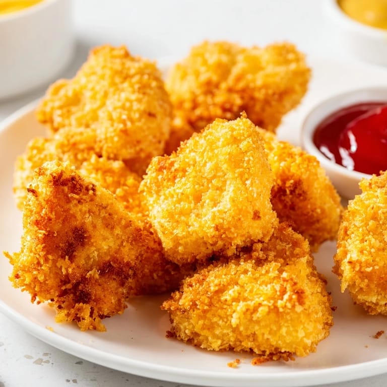 Freshly fried homemade chicken nuggets with a golden breadcrumb coating, perfect for family snacking.