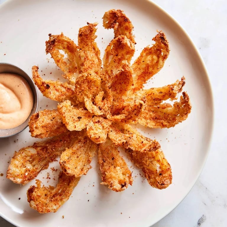 Crispy, deep-fried Onion Petals stacked high, revealing tender layers beside a zesty, paprika-spiked dipping sauce.