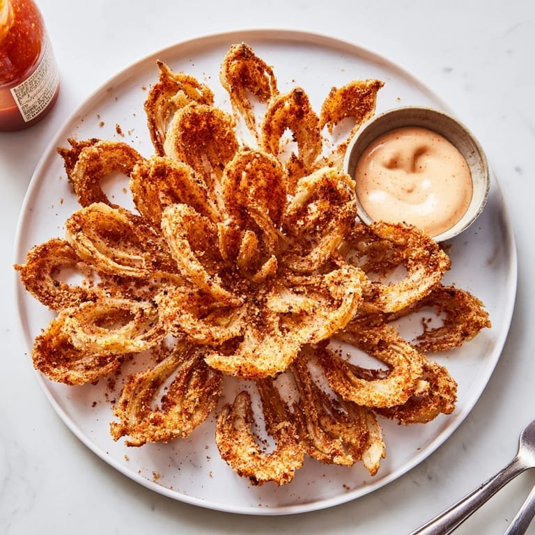 Freshly fried Onion Petals steaming alongside a bold, horseradish-laced dip, perfect for a game-day snack.