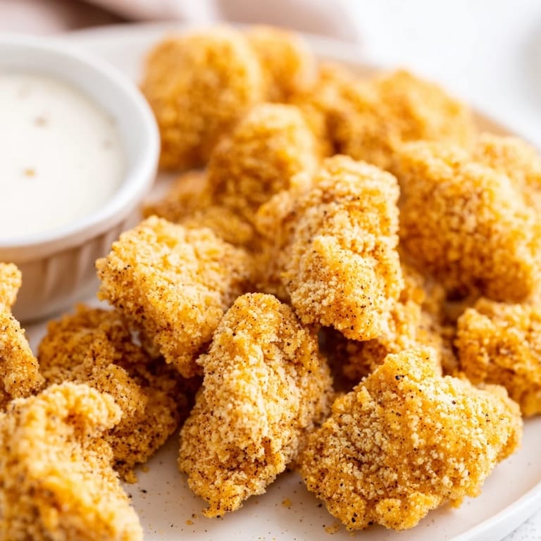 Freshly fried Popcorn Chicken in a rustic bowl, highlighting the golden texture and tender meat, ideal for a quick appetizer or game day snack.