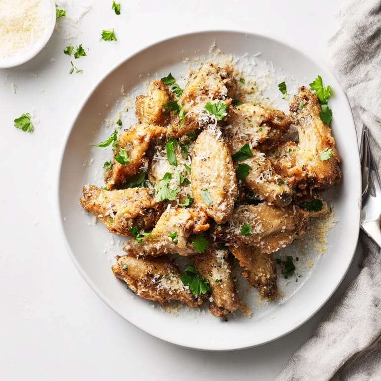 Twelve golden-baked Garlic Parmesan Wings arranged on a wire rack, glistening with garlic butter and speckled with parsley.