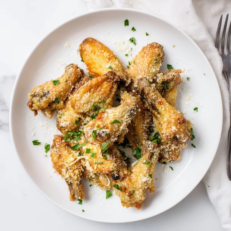 Oven-baked Garlic Parmesan Wings tossed in garlic butter, finished with grated Parmesan and served with celery and ranch dip.