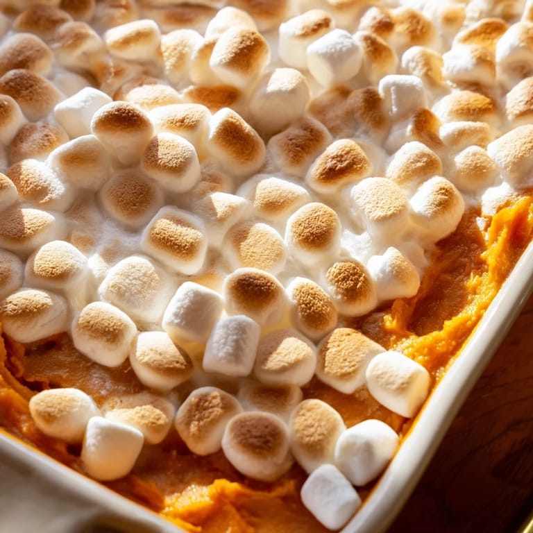 Homemade sweet potato casserole with fluffy marshmallows and cinnamon, baked until bubbling golden.