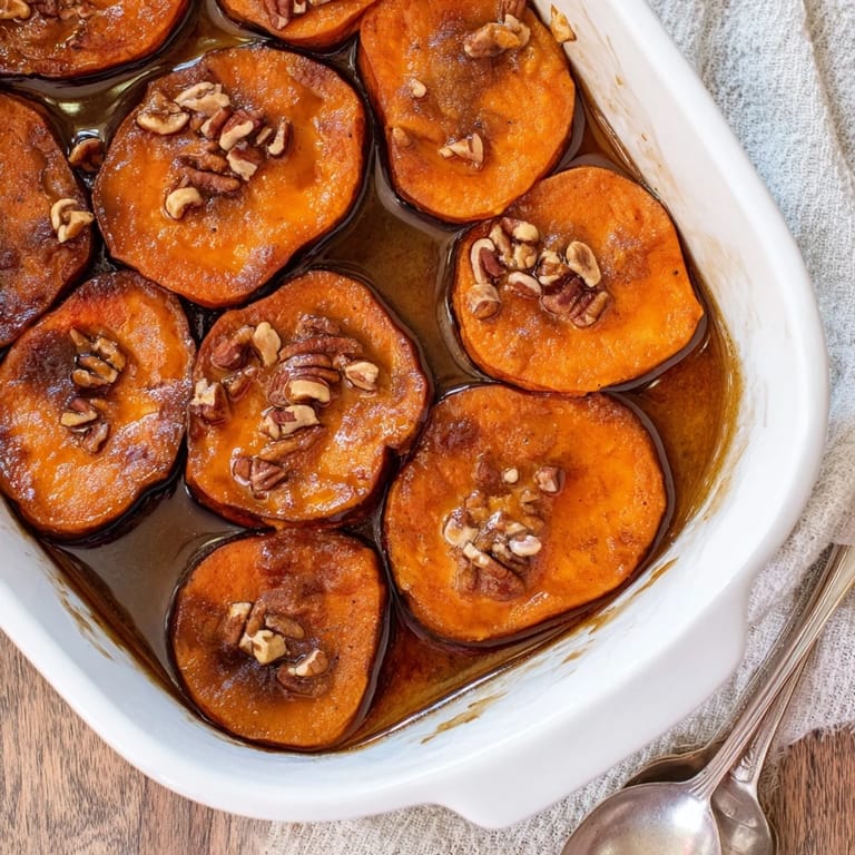 Freshly baked Candied Yams in a ceramic dish, glistening with cinnamon and nutmeg for a cozy holiday dinner.