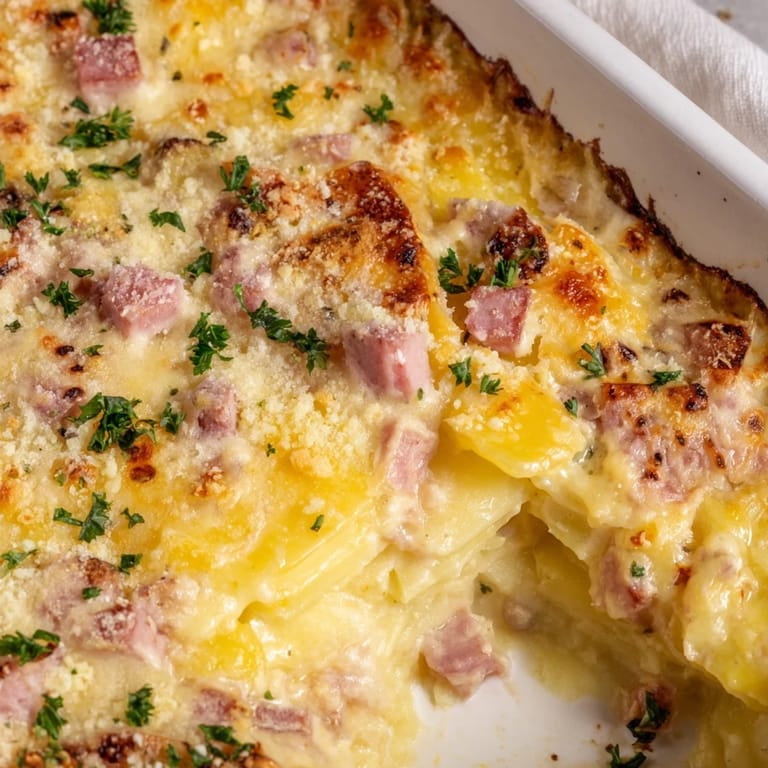 Close-up of Scalloped Potatoes with Ham, revealing tender potato layers and diced ham coated in rich, velvety cheese sauce.