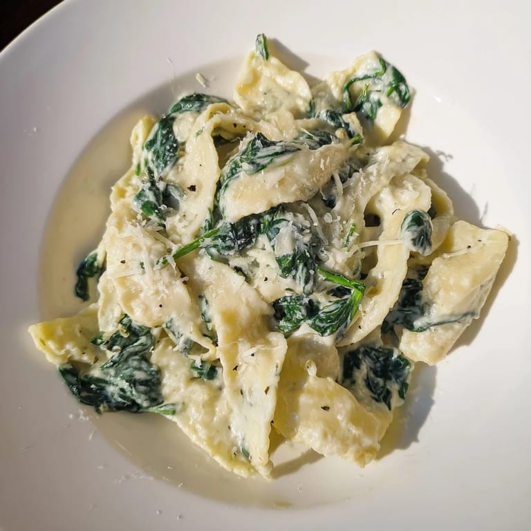 Ready-to-serve Creamy Spinach Garlic Noodles garnished with fresh herbs and extra cheese, perfect for a cozy dinner.