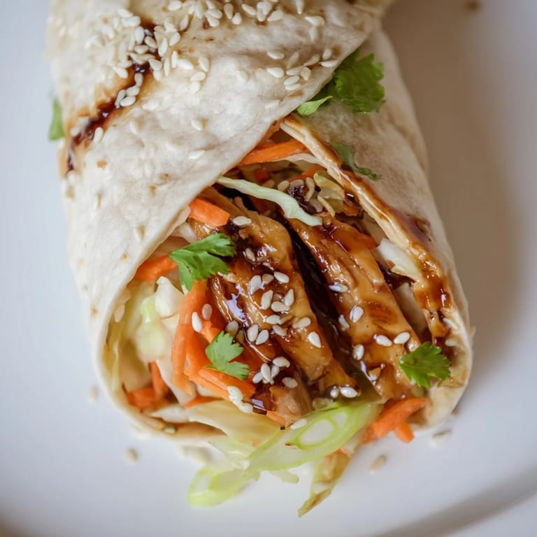 Freshly rolled Teriyaki Chicken Wrap held in hand, showcasing tender chicken strips and vibrant veggies for an easy meal.