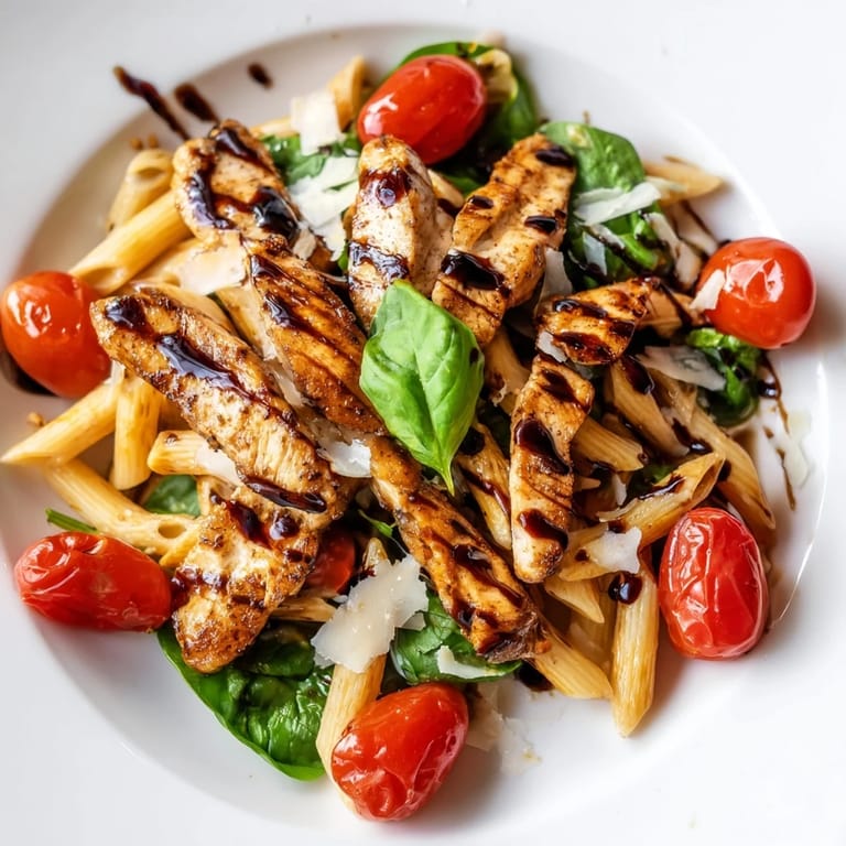 A warm skillet of balsamic glazed chicken pasta with wilted spinach, ready for a family dinner or meal prep.
