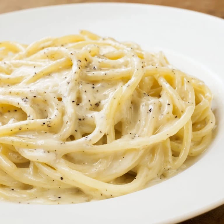 A close-up of Spaghetti Cacio e Pepe, steaming in a skillet with grated Pecorino and toasted pepper flakes.