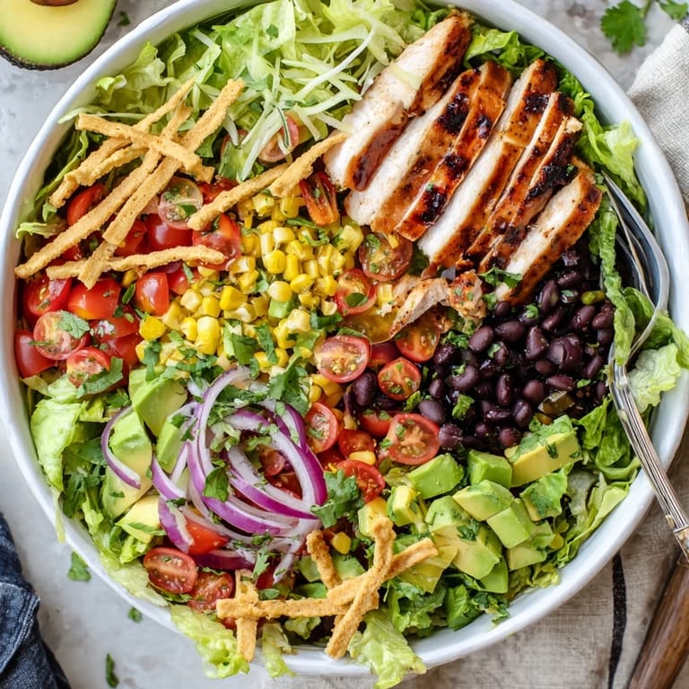 Tasty Honey Lime Chicken Taco Salad features juicy marinated grilled chicken over crisp romaine with colorful veggies and a zesty honey lime drizzle.