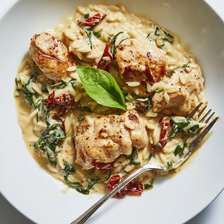 A close-up view shows fork-tender orzo coated in sauce, with tender chicken and vibrant sun-dried tomatoes throughout.
