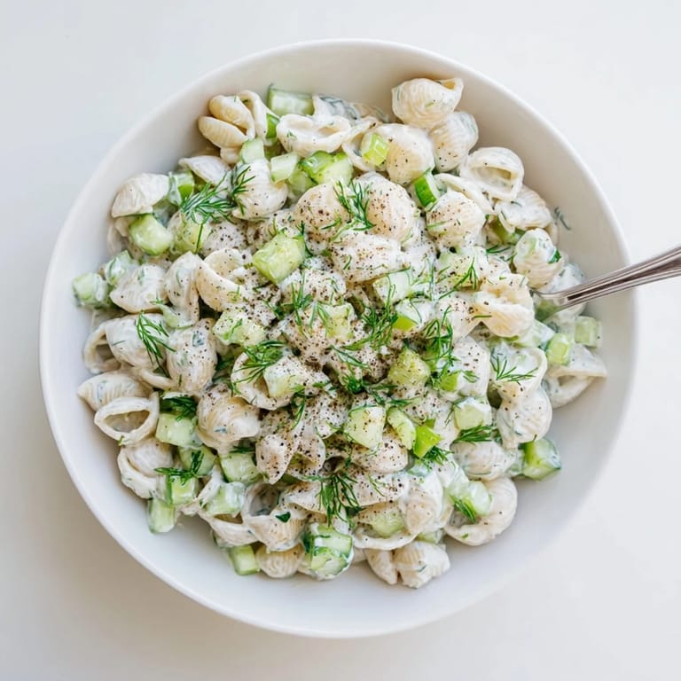 A rustic wooden table displays a chilled bowl of Cucumber Crunch Pasta Salad, ready for a summer picnic or light lunch.