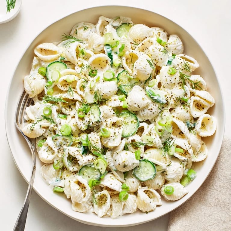 Overhead view of a refreshing Cucumber Crunch Pasta Salad with bright green dill, sliced green onions, and a tangy sour cream-based dressing.
