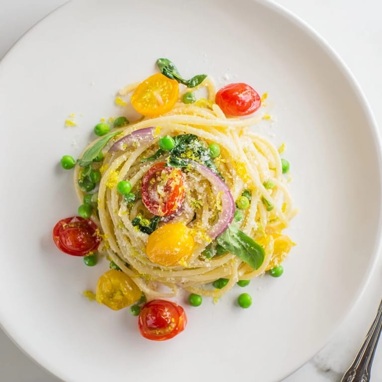 Steam rises from a pot of Spring Veggie One-Pot Spaghetti, featuring a vibrant mix of garlic, red onion, and fresh basil garnish.